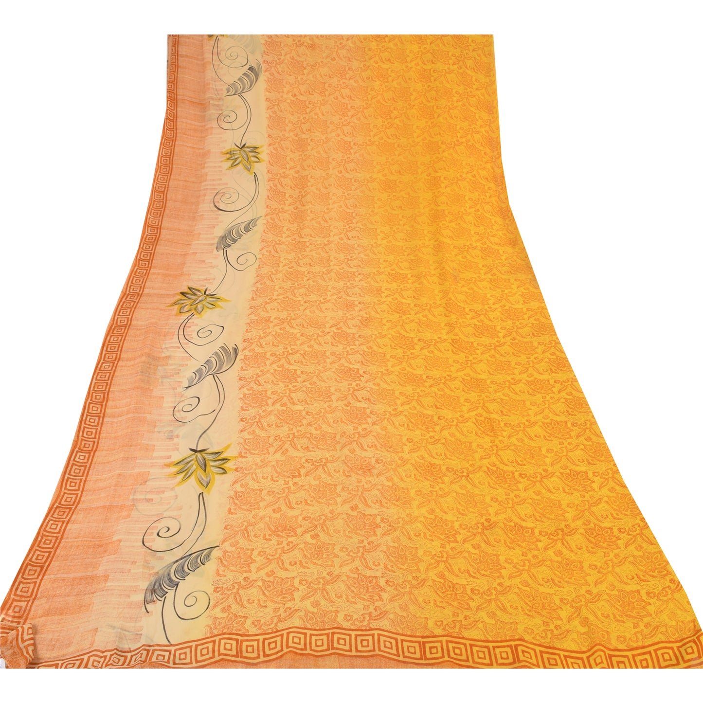 Sanskriti Vintage Sarees Yellow Pure Georgette Silk Printed Sari Craft Fabric