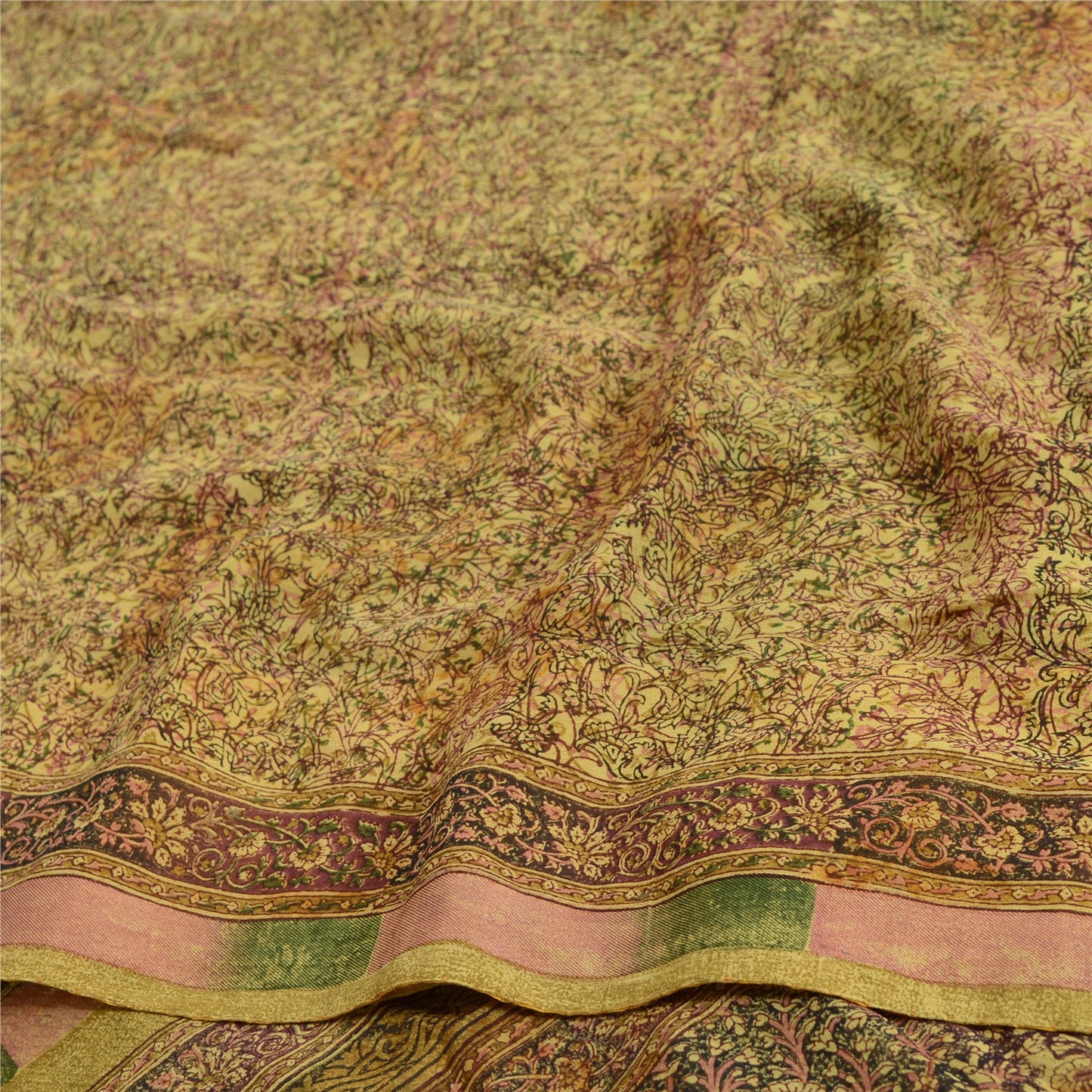 Sanskriti Vintage Sarees Olive Green Pure Georgette Silk Print Sari Craft Fabric