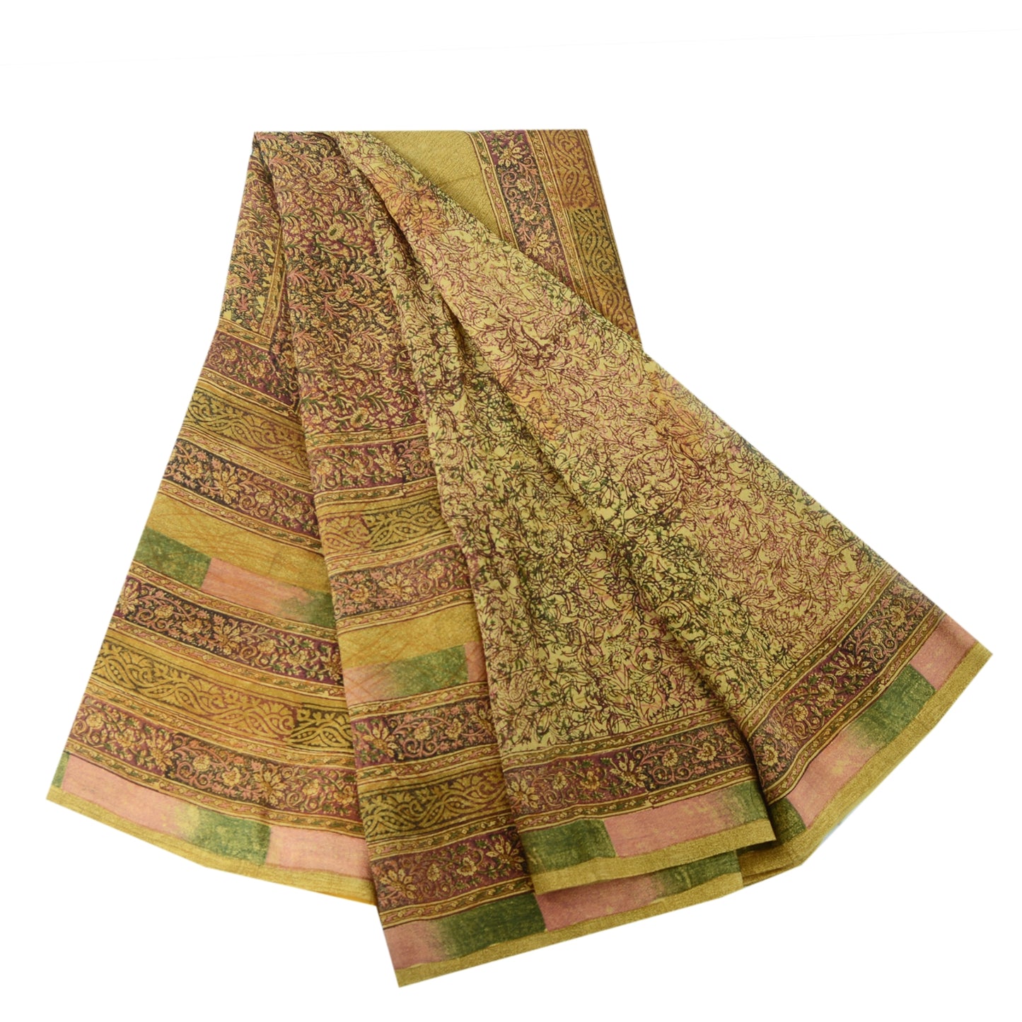 Sanskriti Vintage Sarees Olive Green Pure Georgette Silk Print Sari Craft Fabric