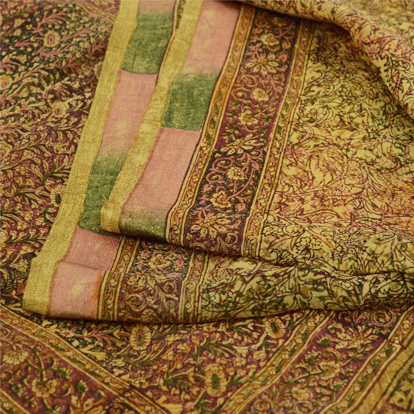 Sanskriti Vintage Sarees Olive Green Pure Georgette Silk Print Sari Craft Fabric