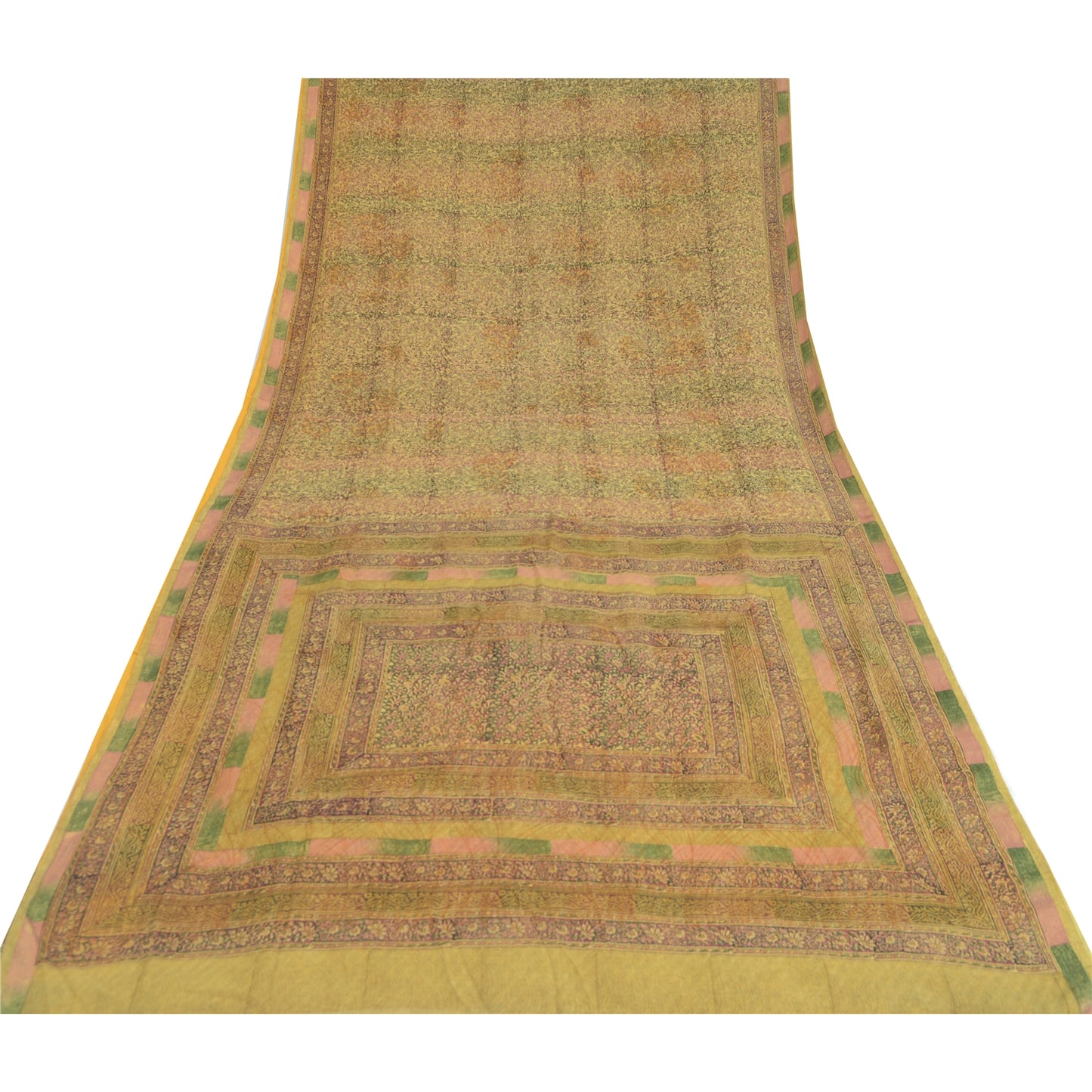 Sanskriti Vintage Sarees Olive Green Pure Georgette Silk Print Sari Craft Fabric