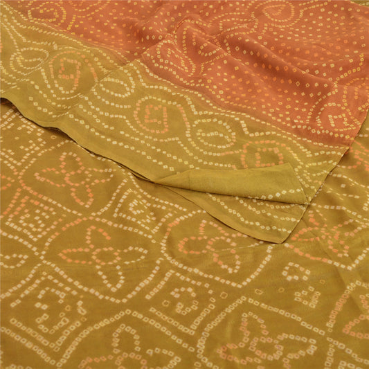 Sanskriti Vintage Sarees Green/Orange Bandhani Print Pure Georgette Sari Fabric