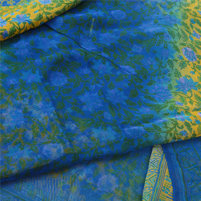 Sanskriti Vintage Sarees Blue/Yellow Pure Georgette Silk Print Sari Craft Fabric