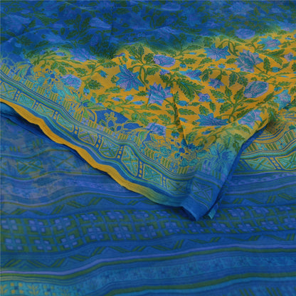 Sanskriti Vintage Sarees Blue/Yellow Pure Georgette Silk Print Sari Craft Fabric