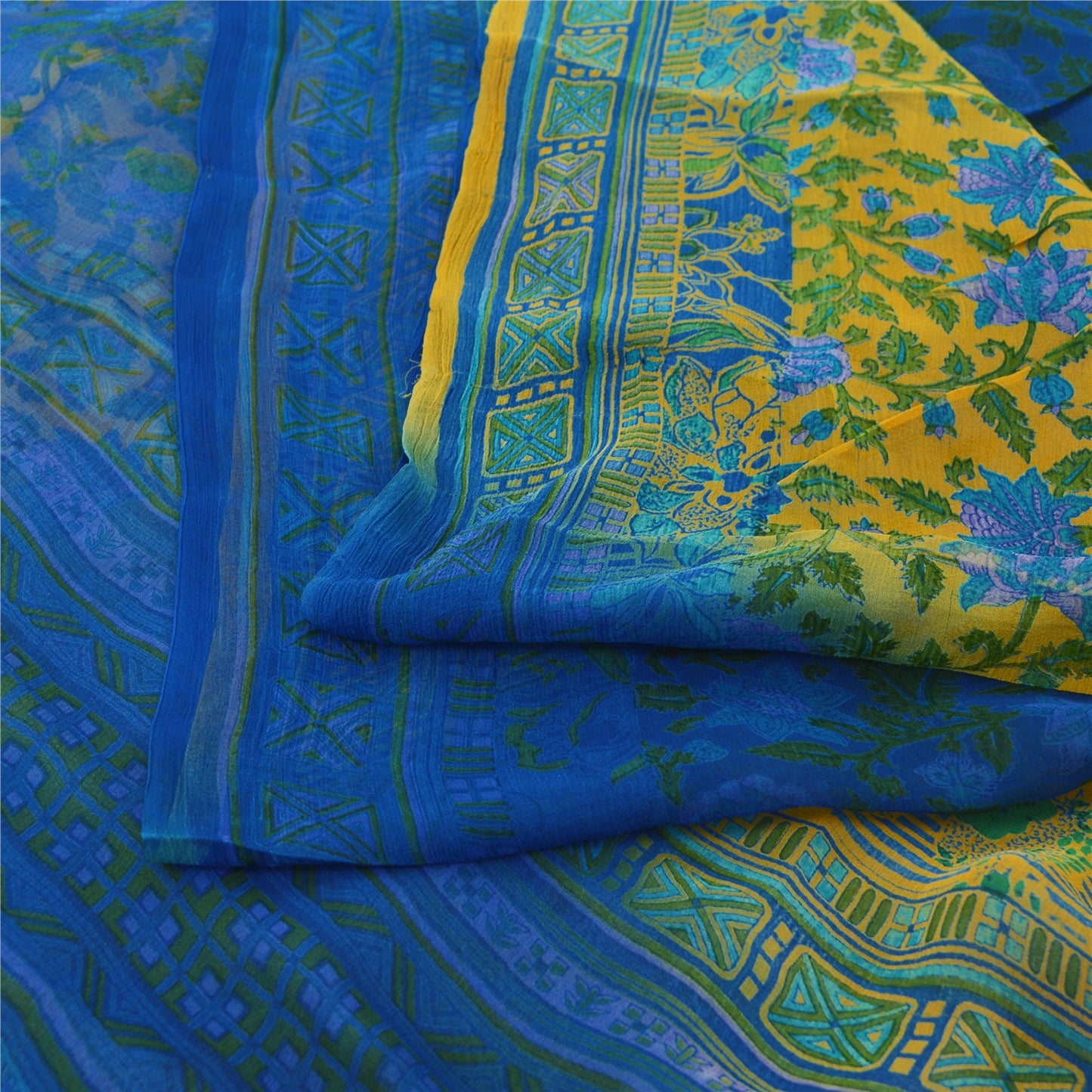 Sanskriti Vintage Sarees Blue/Yellow Pure Georgette Silk Print Sari Craft Fabric