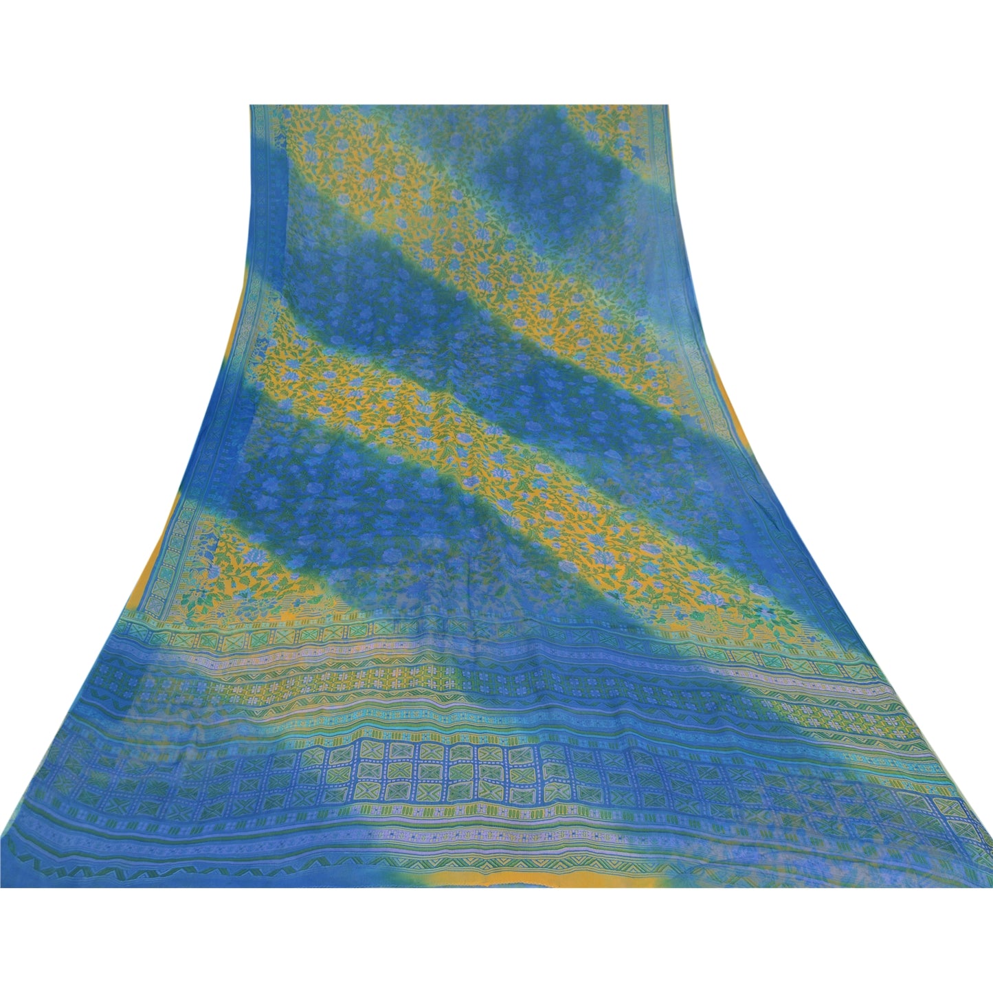 Sanskriti Vintage Sarees Blue/Yellow Pure Georgette Silk Print Sari Craft Fabric