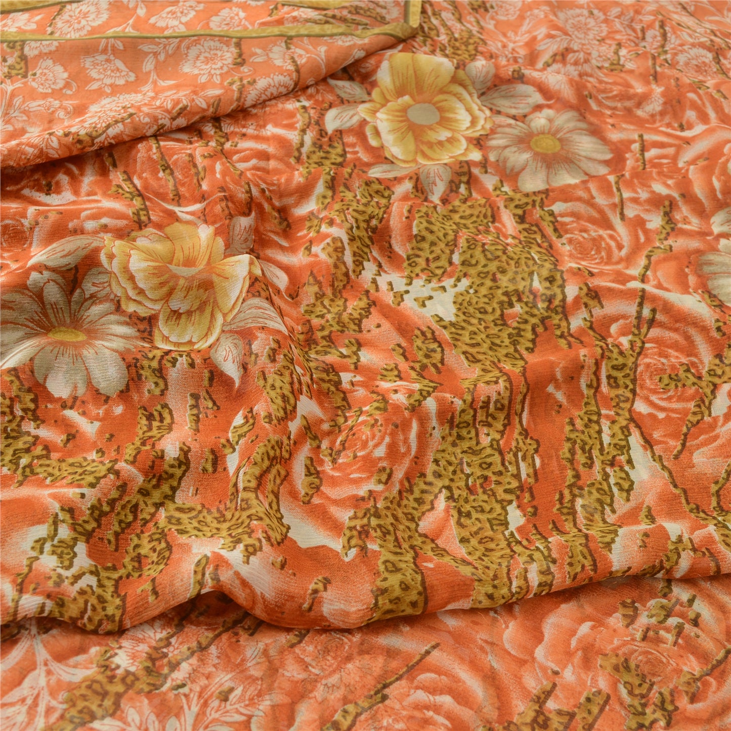 Sanskriti Vintage Sarees Orange/Green Pure Chiffon Printed Sari Craft Fabric