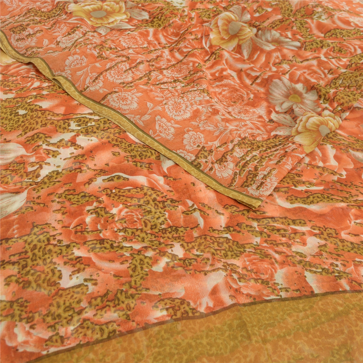 Sanskriti Vintage Sarees Orange/Green Pure Chiffon Printed Sari Craft Fabric