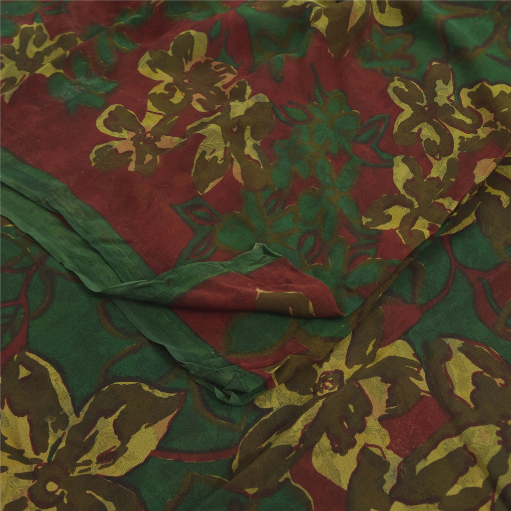 Sanskriti Vintage Sarees Green Pure Georgette Silk Printed Sari 6yd Craft Fabric