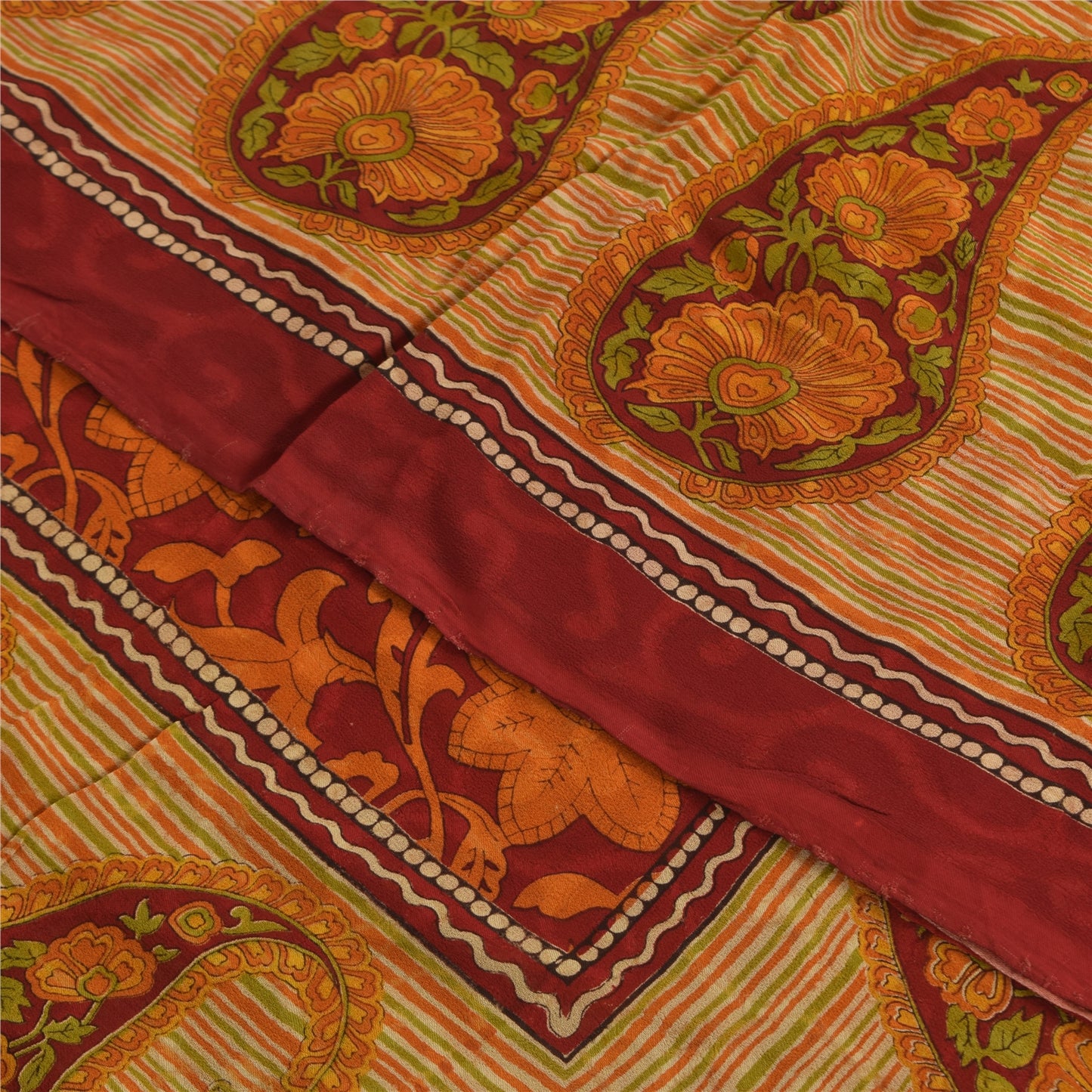 Sanskriti Vintage Sarees Pure Georgette Red/Orange Printed Sari 5yd Craft Fabric