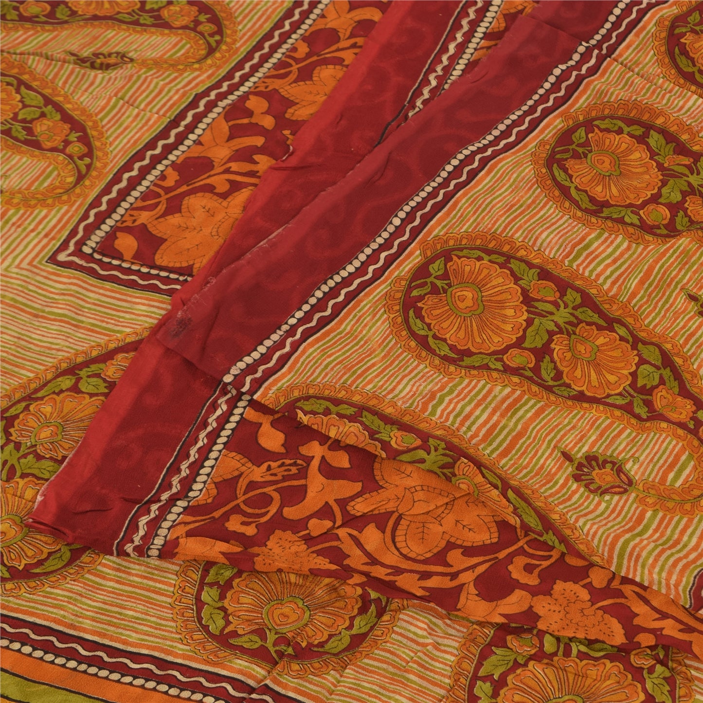 Sanskriti Vintage Sarees Pure Georgette Red/Orange Printed Sari 5yd Craft Fabric