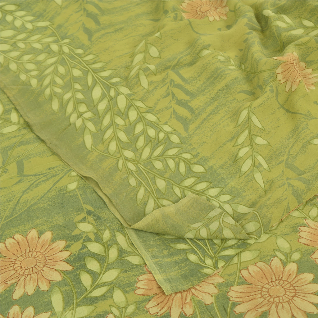 Sanskriti Vintage Sarees Green Pure Georgette Silk Printed Sari Craft Fabric