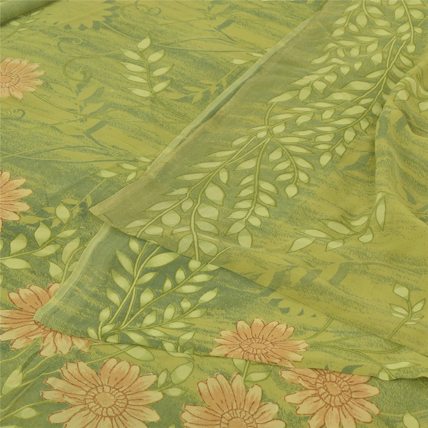 Sanskriti Vintage Sarees Green Pure Georgette Silk Printed Sari Craft Fabric