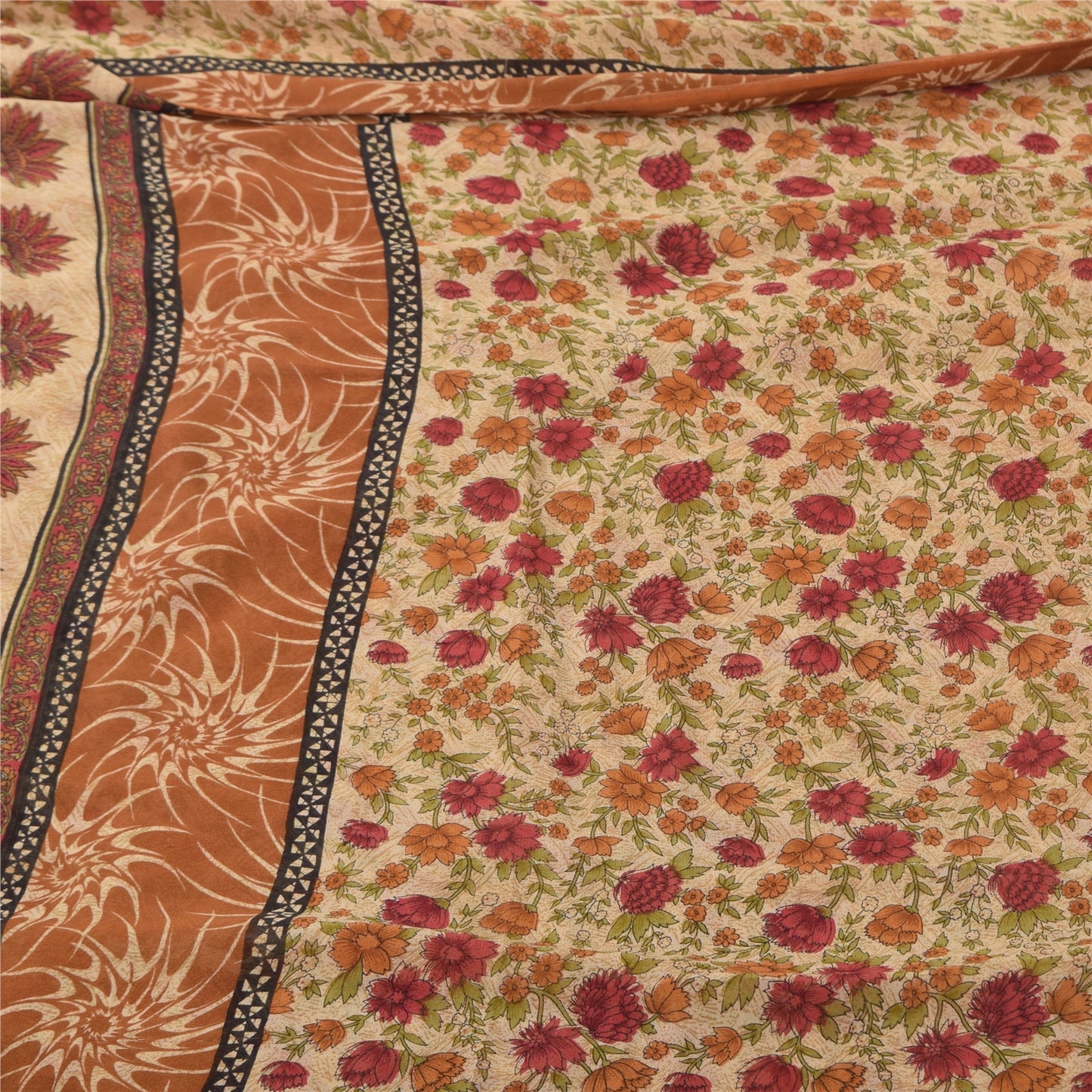 Sanskriti Vintage Sarees Beige Pure Georgette Silk Printed Sari 5yd Craft Fabric