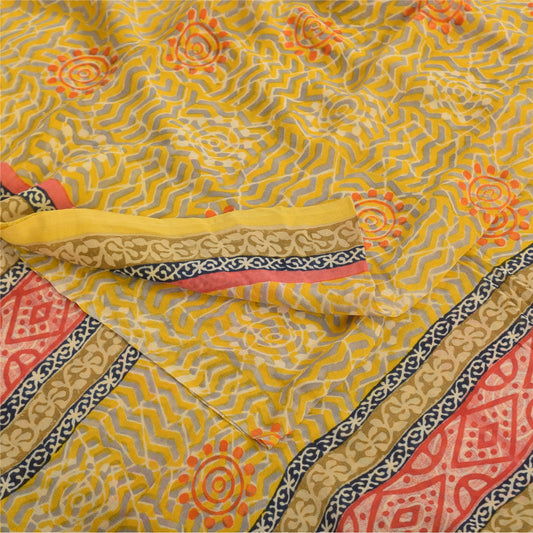 Sanskriti Vintage Sarees Yellow Pure Georgette Silk Print Sari 5yd Craft Fabric