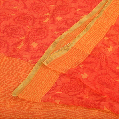 Sanskriti Vintage Sarees Red/Orange Pure Georgette Silk Printed Sari 5yd Fabric