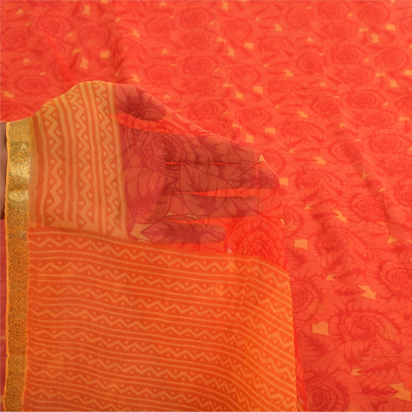 Sanskriti Vintage Sarees Red/Orange Pure Georgette Silk Printed Sari 5yd Fabric