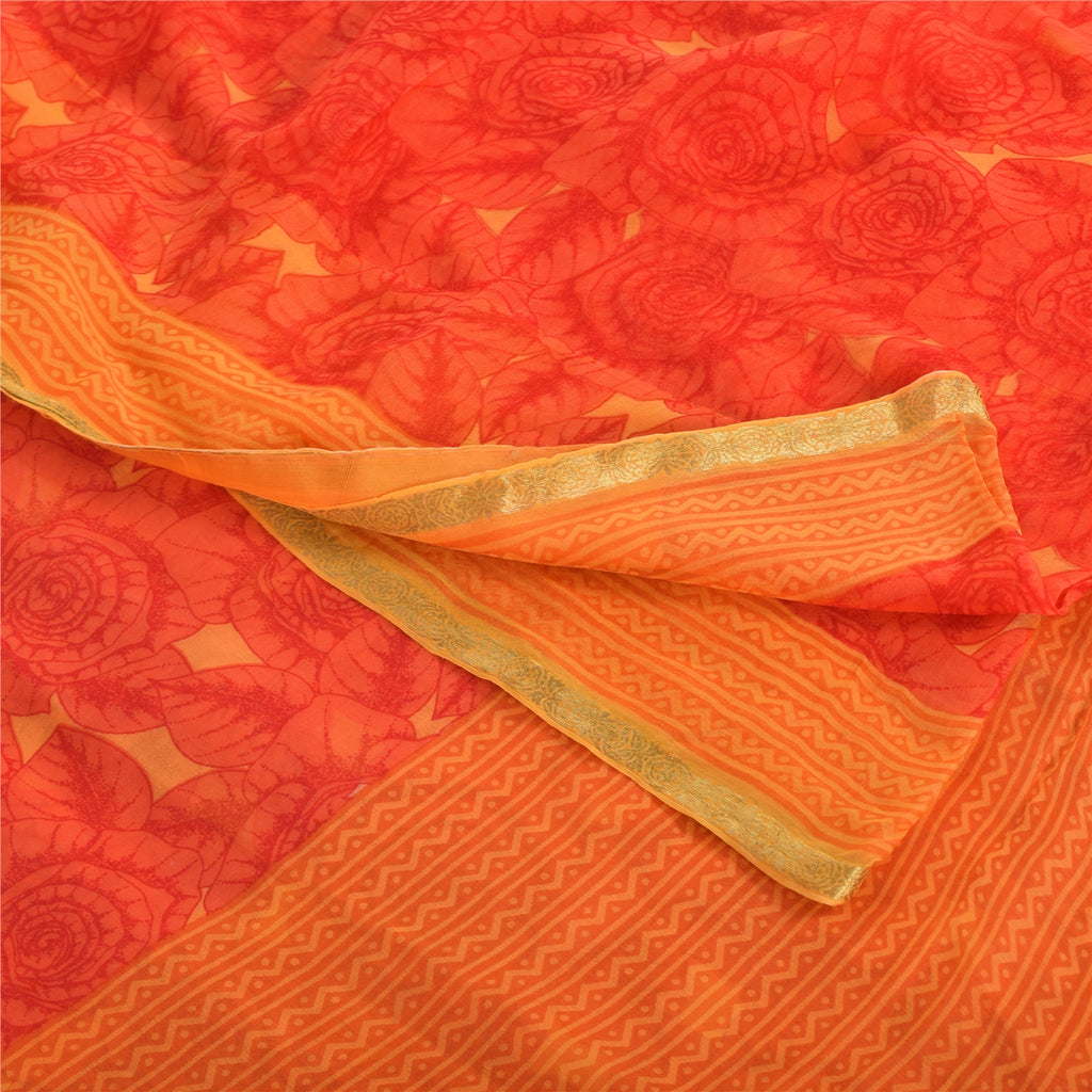 Sanskriti Vintage Sarees Red/Orange Pure Georgette Silk Printed Sari 5yd Fabric