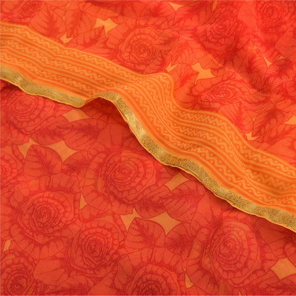 Sanskriti Vintage Sarees Red/Orange Pure Georgette Silk Printed Sari 5yd Fabric