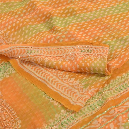 Sanskriti Vintage Sarees Green/Orange EmbroideryPure Georgette Print Sari Fabric