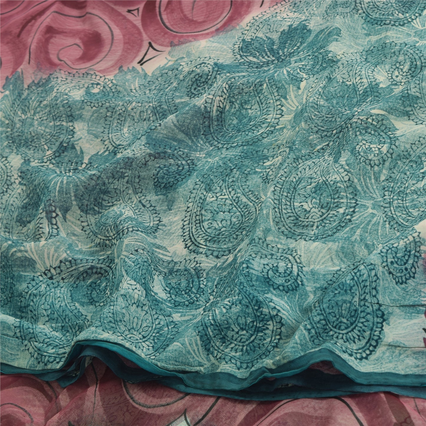 Sanskriti Vintage Sarees Sea-Blue Pure Georgette Silk Printed Sari Craft Fabric