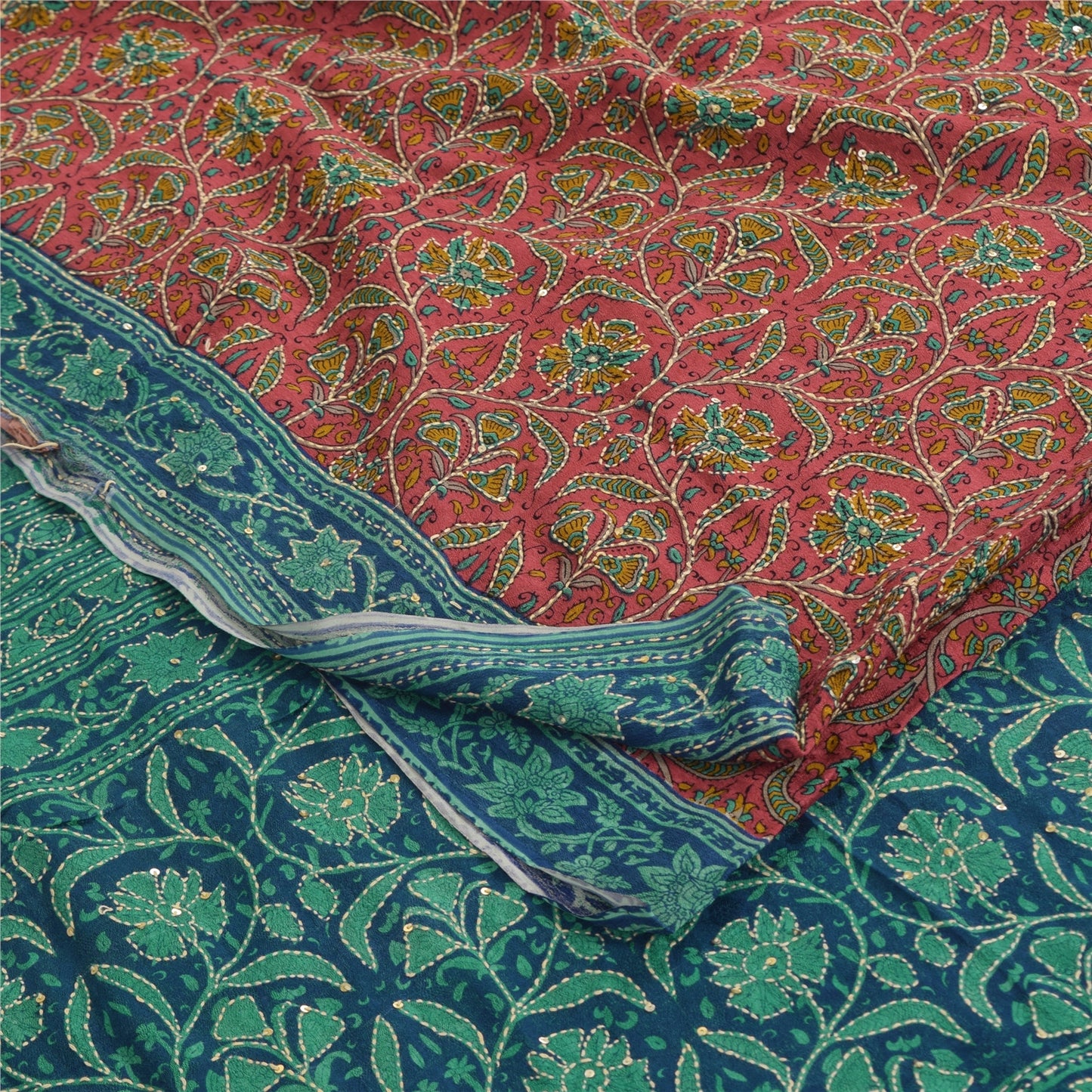 Sanskriti Vintage Sarees Hand Beaded Kantha Pure Georgette Printed Sari Fabric