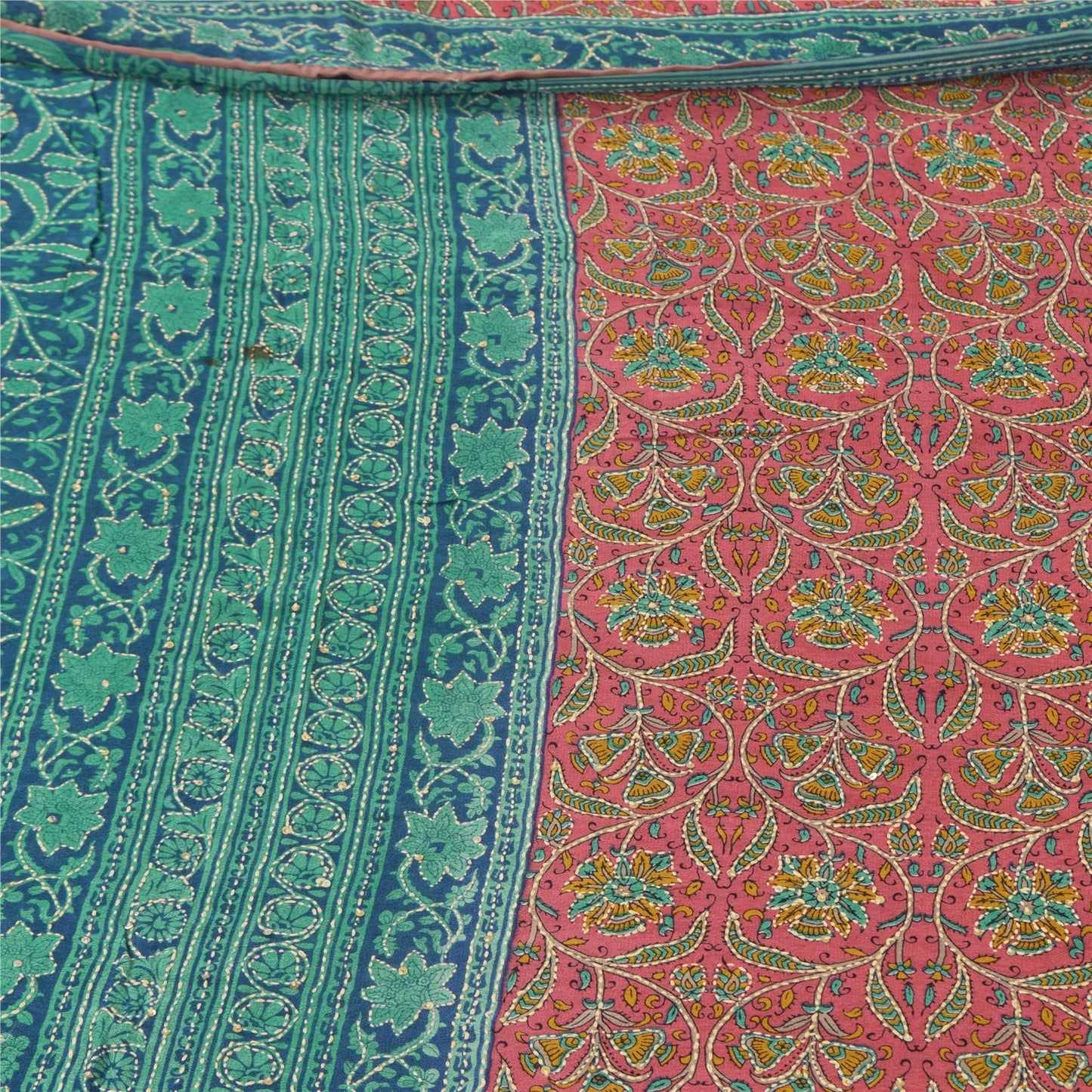 Sanskriti Vintage Sarees Hand Beaded Kantha Pure Georgette Printed Sari Fabric