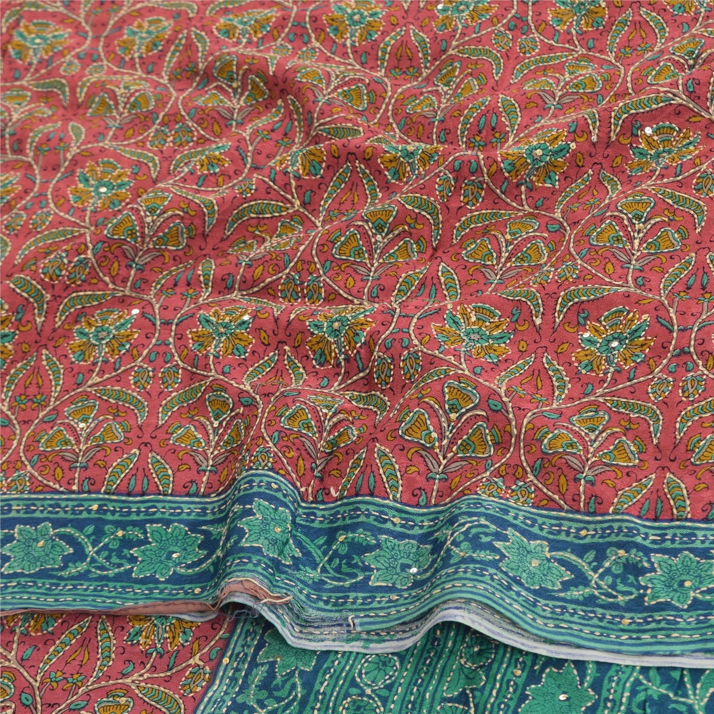 Sanskriti Vintage Sarees Hand Beaded Kantha Pure Georgette Printed Sari Fabric