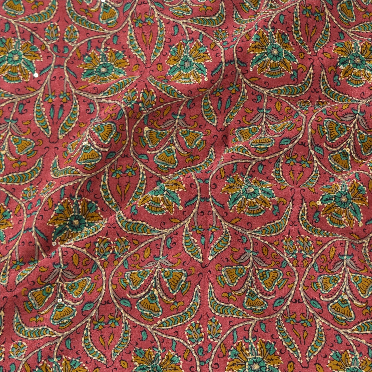 Sanskriti Vintage Sarees Hand Beaded Kantha Pure Georgette Printed Sari Fabric