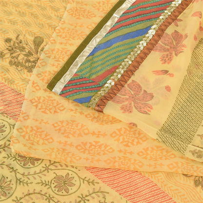 Sanskriti Vintage Sarees Yellow Pure Georgette Silk Print Sari 5yd Craft Fabric