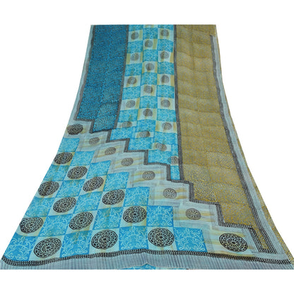 Sanskriti Vintage Sarees Blue Pure Georgette Silk Printed Sari 5yd Craft Fabric