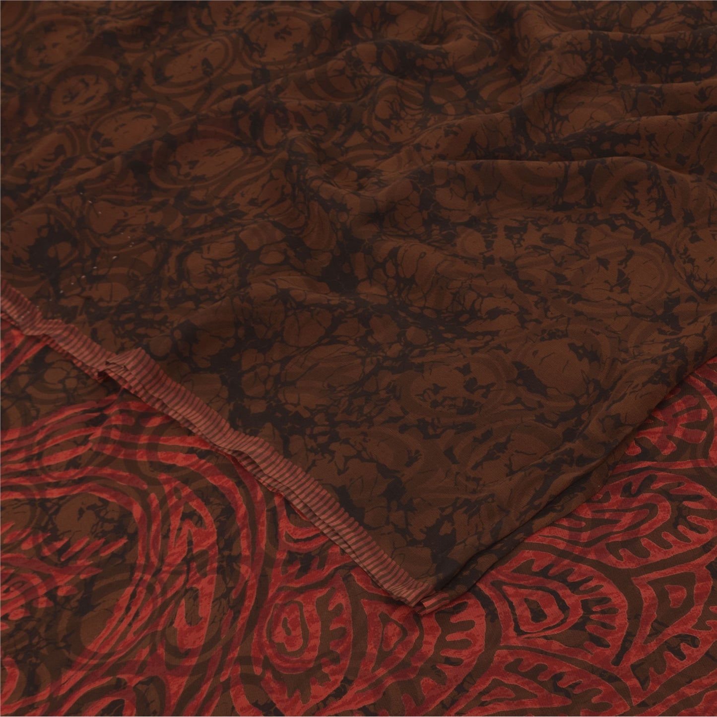 Sanskriti Vintage Sarees Red/Brown Pure Georgette Silk Printed Sari 5yd Fabric