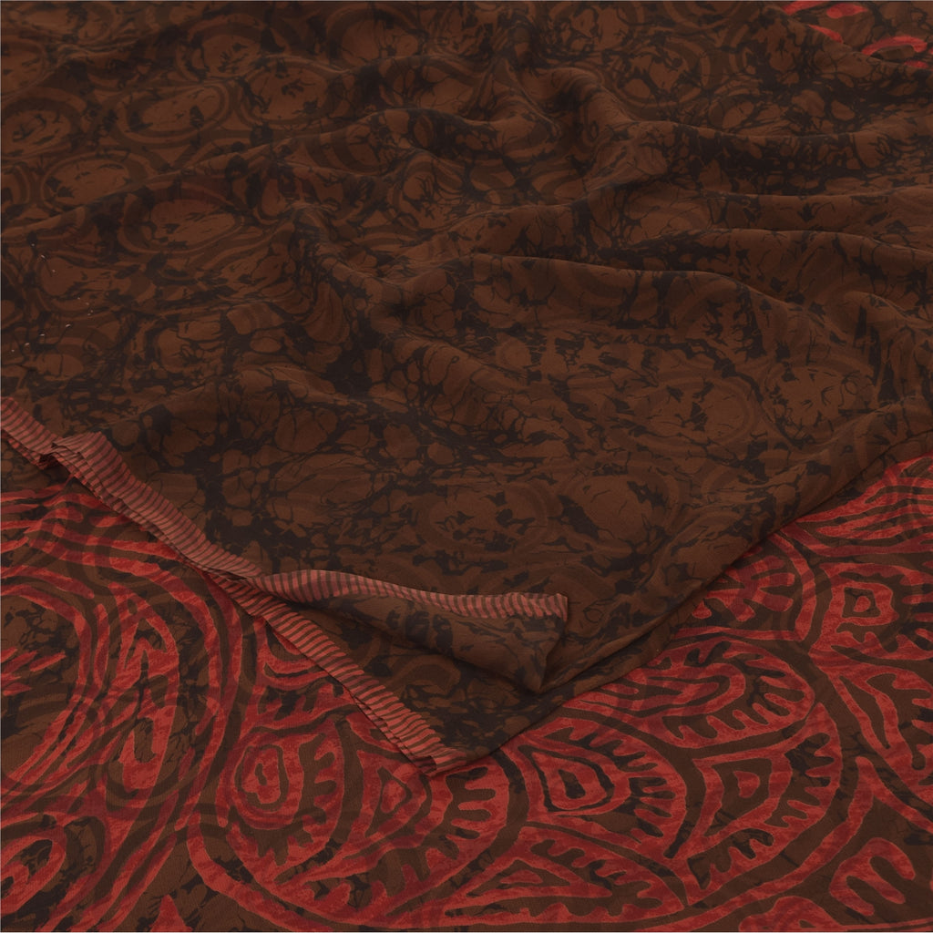 Sanskriti Vintage Sarees Red/Brown Pure Georgette Silk Printed Sari 5yd Fabric