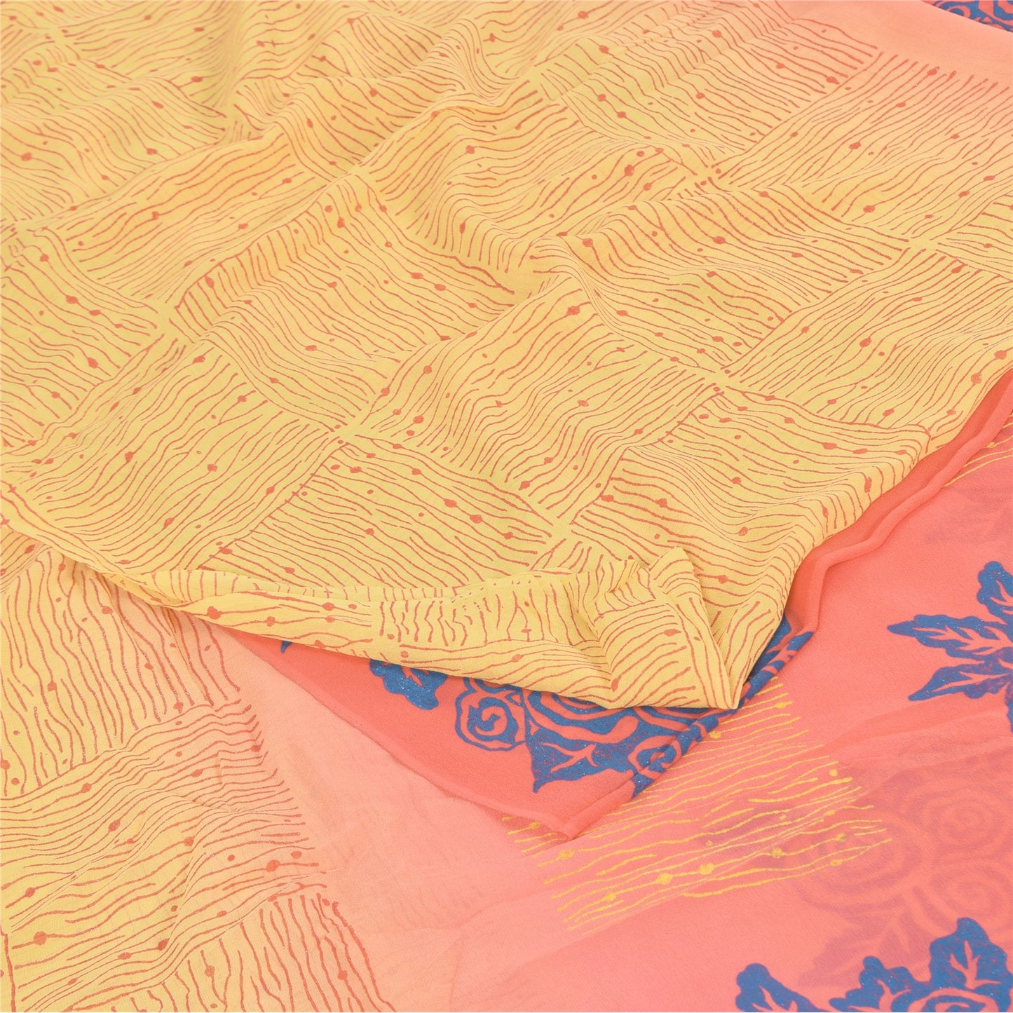 Sanskriti Vintage Sarees Yellow/Pink Pure Georgette Silk Printed Sari 5yd Fabric