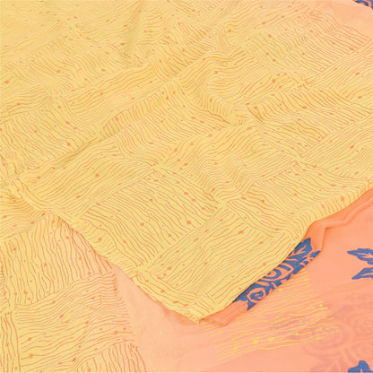 Sanskriti Vintage Sarees Yellow/Pink Pure Georgette Silk Printed Sari 5yd Fabric