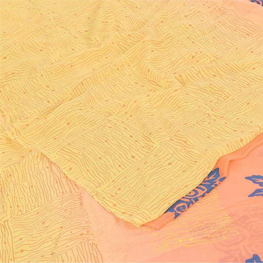 Sanskriti Vintage Sarees Yellow/Pink Pure Georgette Silk Printed Sari 5yd Fabric