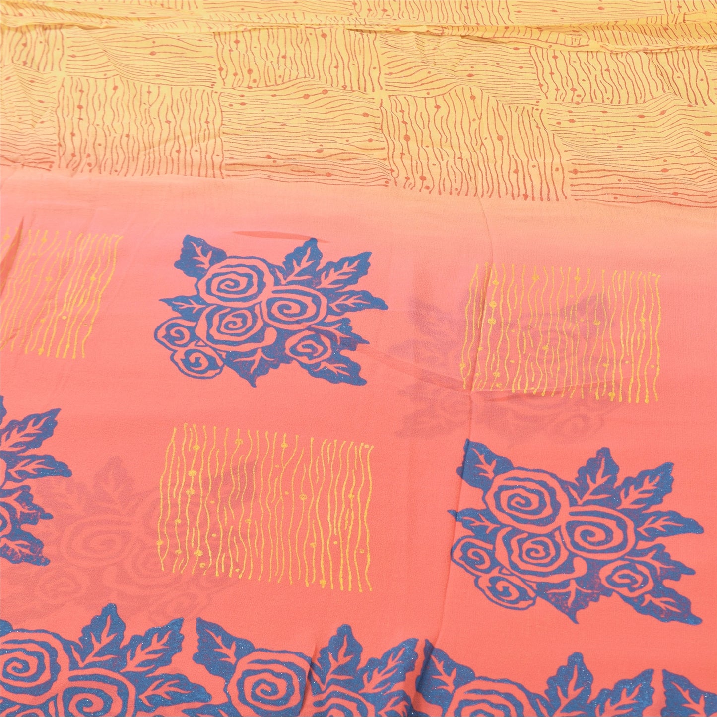 Sanskriti Vintage Sarees Yellow/Pink Pure Georgette Silk Printed Sari 5yd Fabric