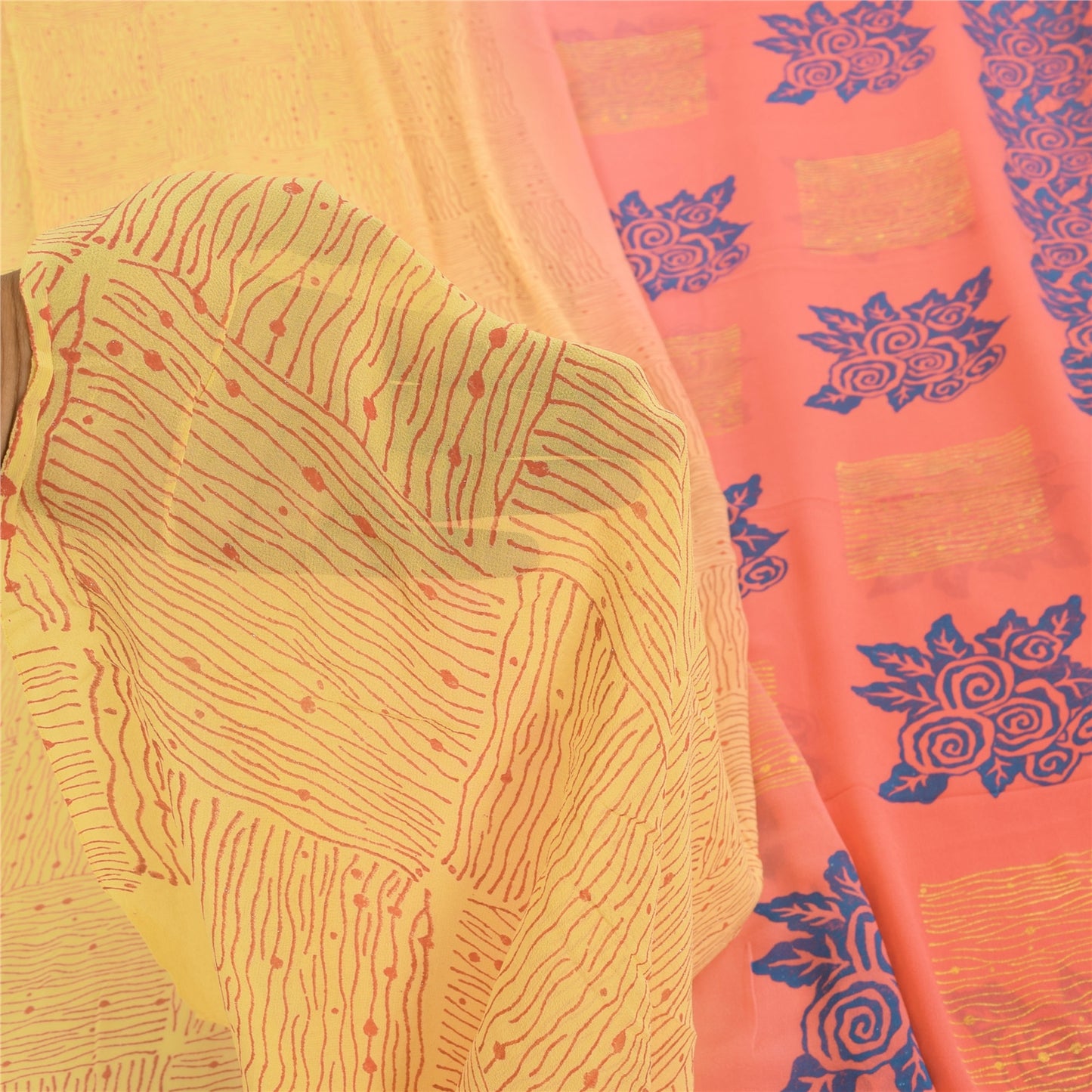 Sanskriti Vintage Sarees Yellow/Pink Pure Georgette Silk Printed Sari 5yd Fabric