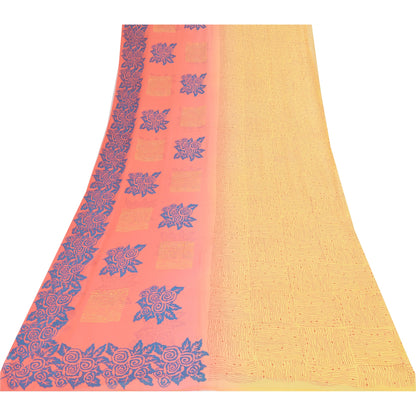 Sanskriti Vintage Sarees Yellow/Pink Pure Georgette Silk Printed Sari 5yd Fabric