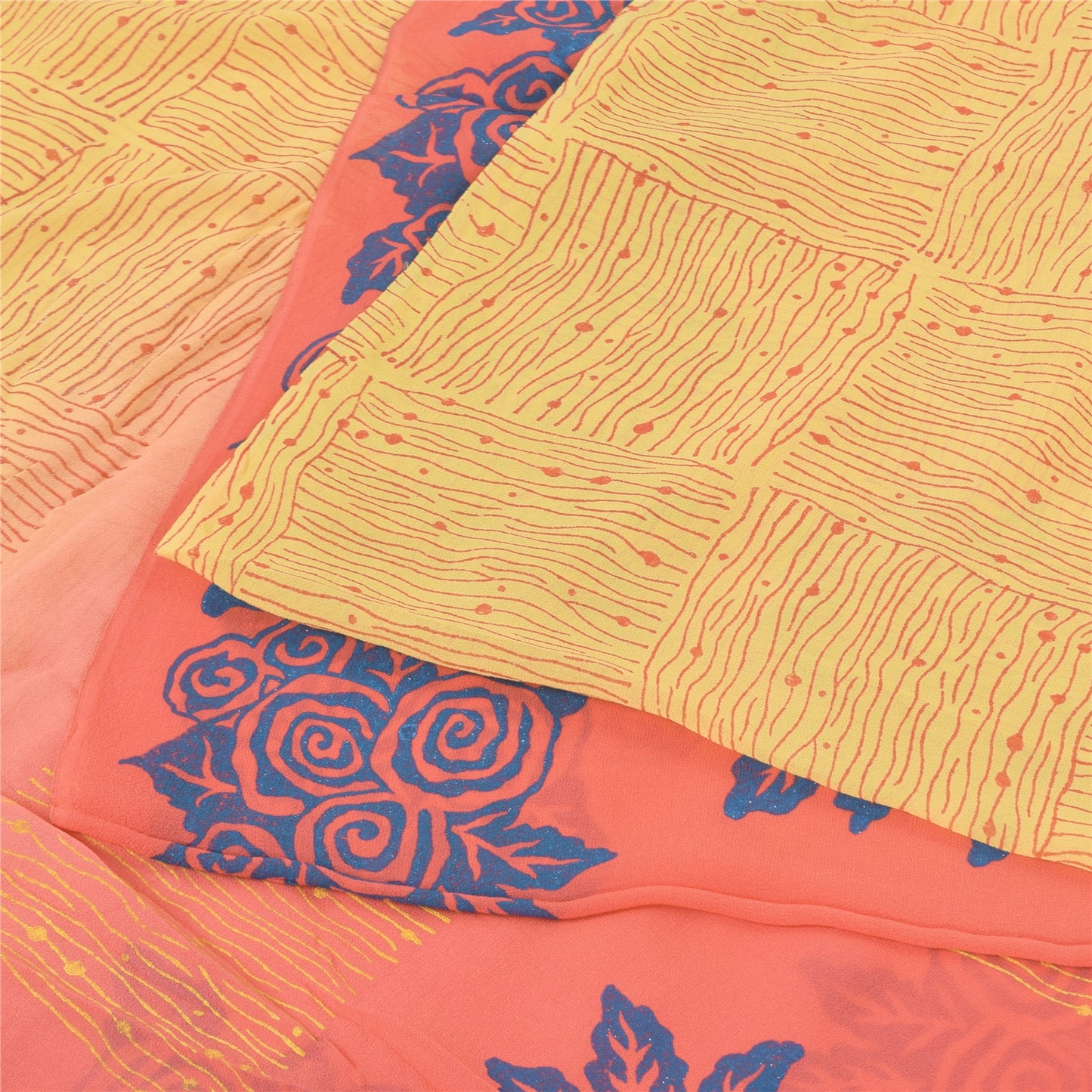 Sanskriti Vintage Sarees Yellow/Pink Pure Georgette Silk Printed Sari 5yd Fabric