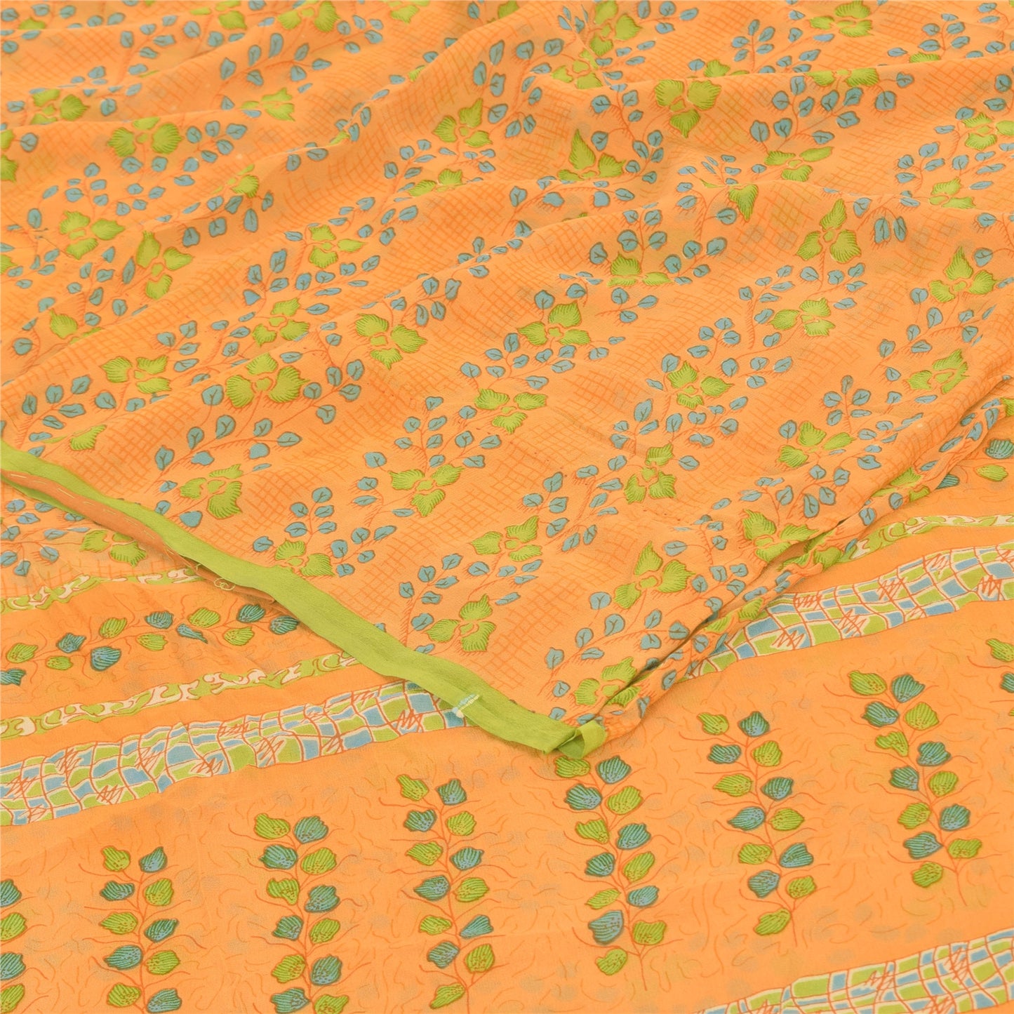 Sanskriti Vintage Sarees Yellow Pure Georgette Silk Print Sari 5yd Craft Fabric