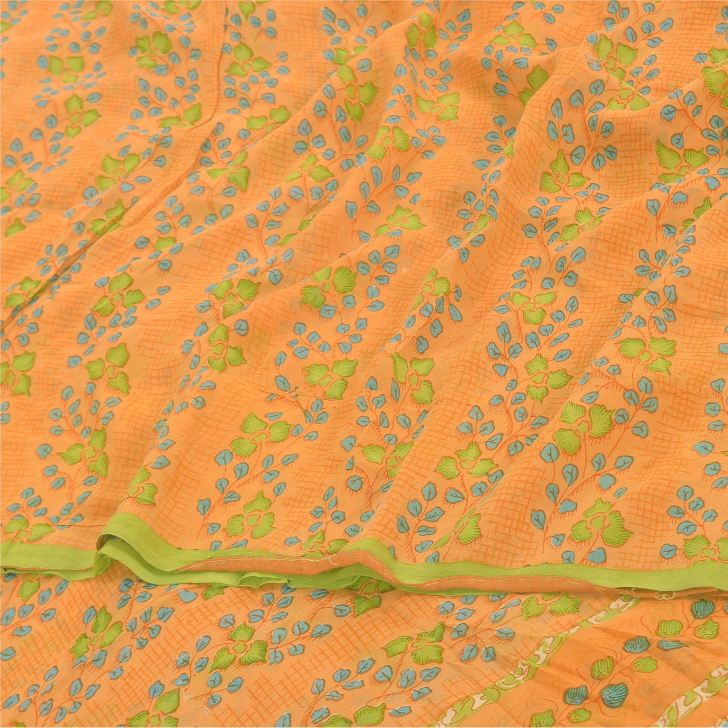 Sanskriti Vintage Sarees Yellow Pure Georgette Silk Print Sari 5yd Craft Fabric