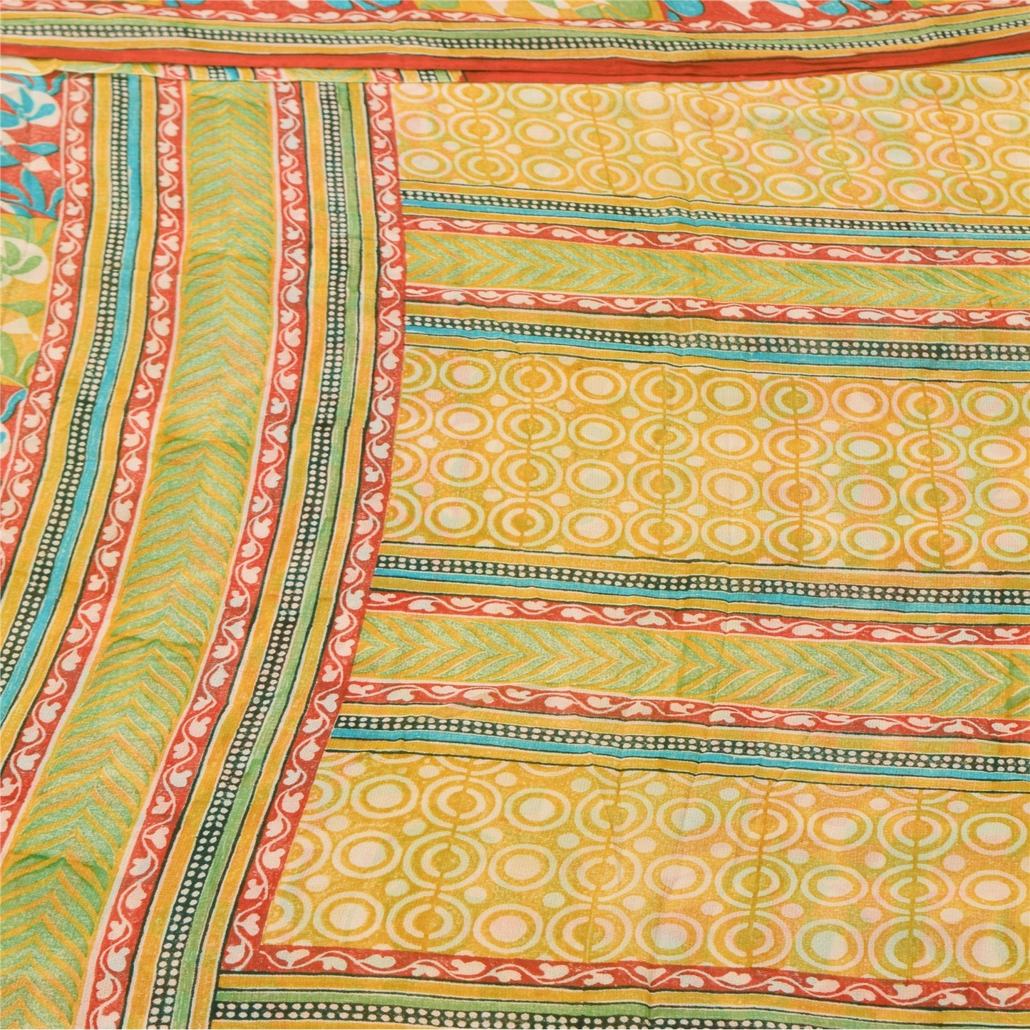 Sanskriti Vintage Sarees Yellow Pure Georgette Silk Print Sari 5yd Craft Fabric