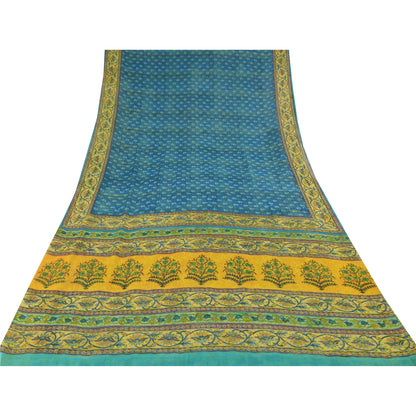 Sanskriti Vintage Sarees Blue Pure Georgette Silk Printed Sari 5yd Craft Fabric