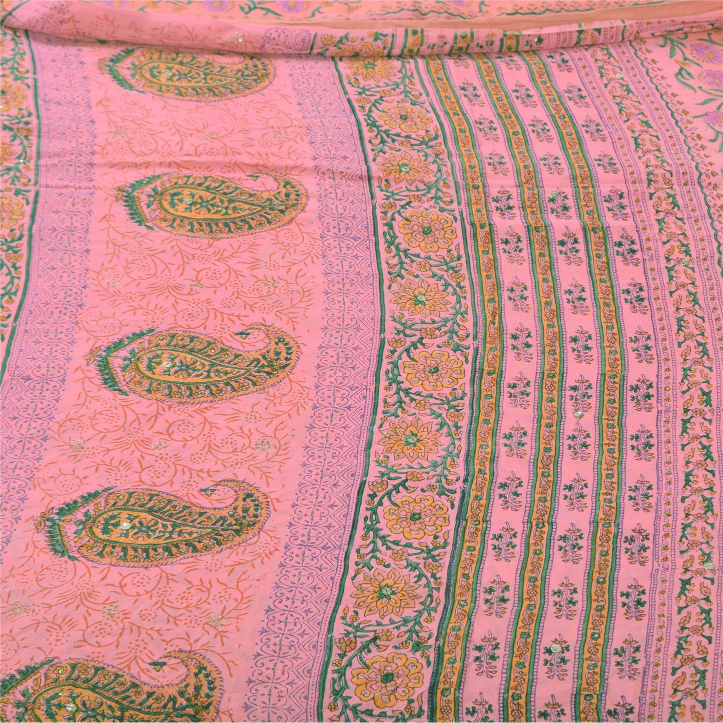 Sanskriti Vintage Sarees Hand Block Printed Sparkles Pure Georgette Sari Fabric