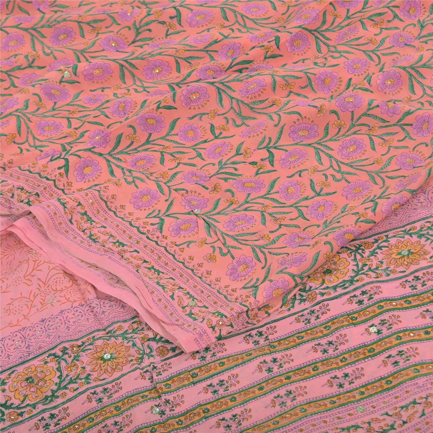 Sanskriti Vintage Sarees Hand Block Printed Sparkles Pure Georgette Sari Fabric