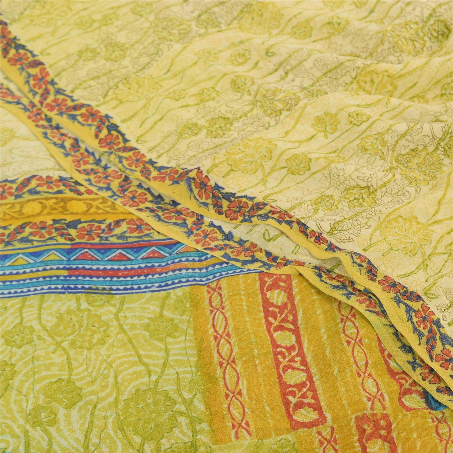 Sanskriti Vintage Sarees Lime Pure Georgette Silk Printed Sari 5yd Craft Fabric