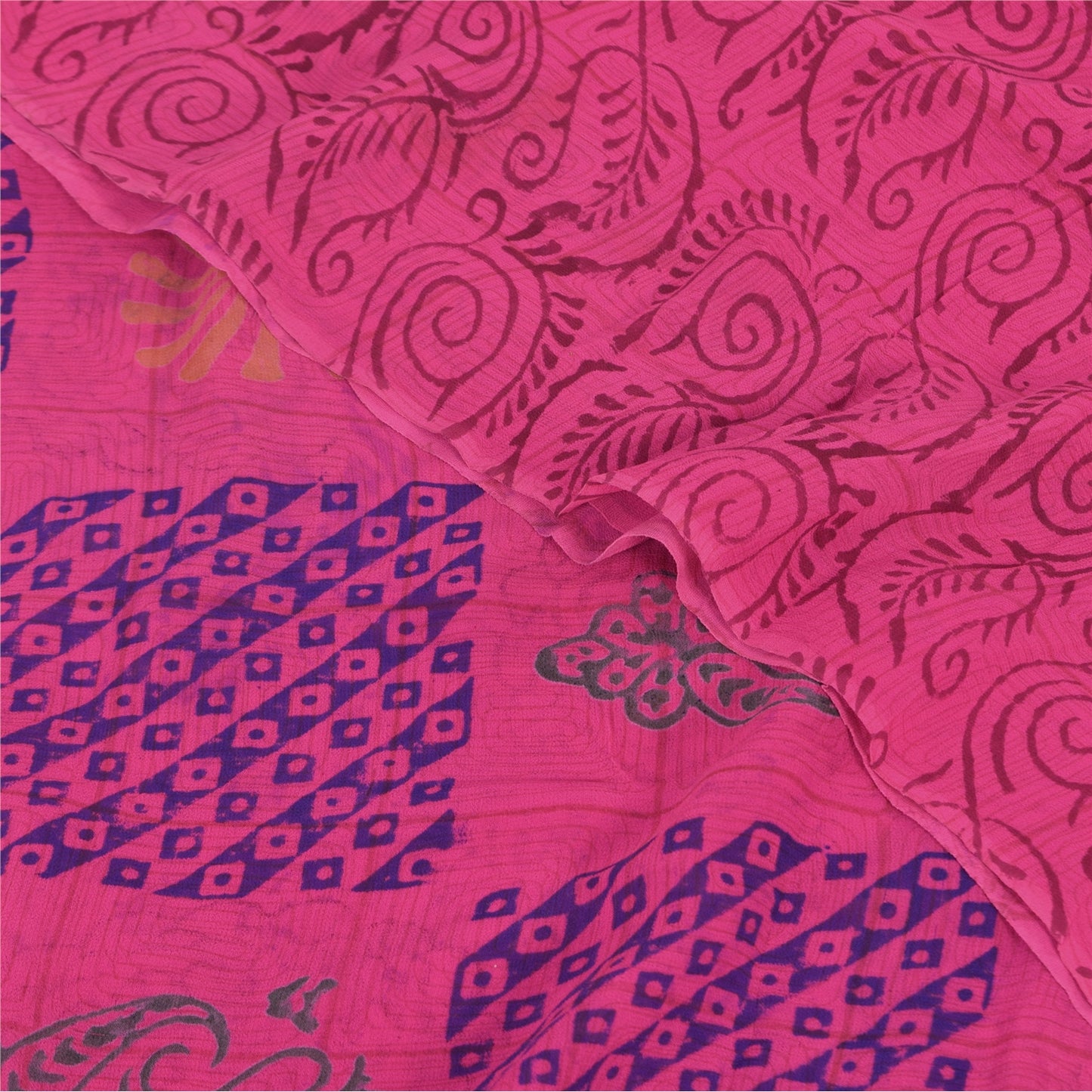 Sanskriti Vintage Sarees Pink Hand Block Print Pure Georgette Sari 5+yd Fabric