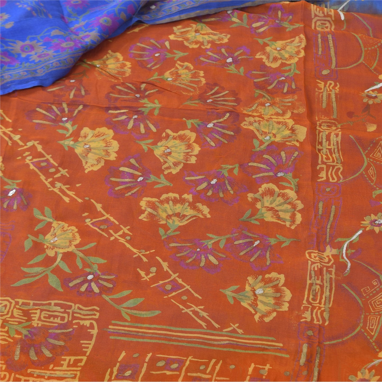 Sanskriti Vintage Sarees Blue/Orange Pure Chiffon Printed Sari 5+yd Craft Fabric