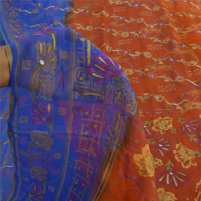 Sanskriti Vintage Sarees Blue/Orange Pure Chiffon Printed Sari 5+yd Craft Fabric